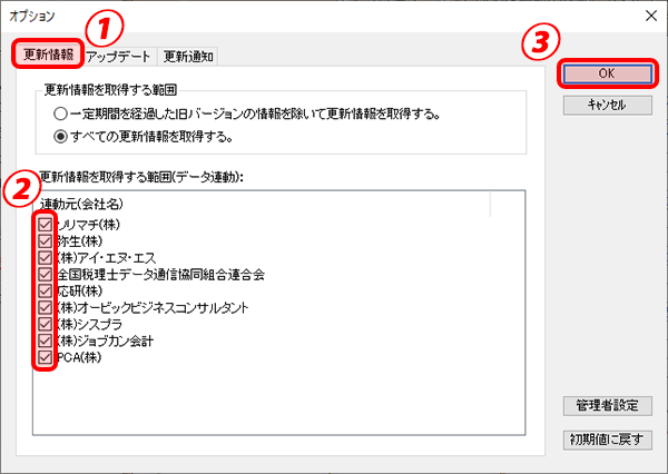 2.［更新情報］タブ（①）で［更新情報を取得する範囲（データ連動）］（②）の一覧で表示させる連動元（会社名）をクリックして選択し、［OK］ボタン（③）をクリックします。